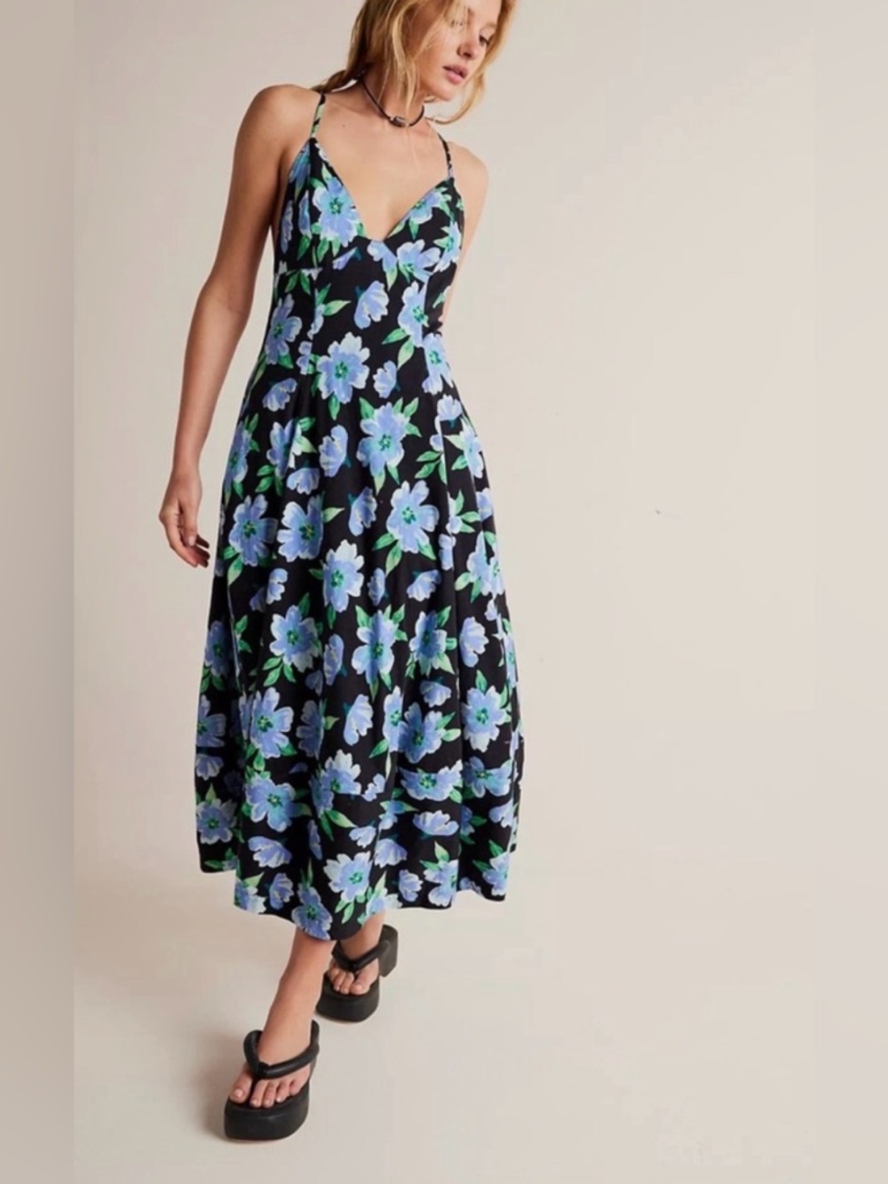 Free People Finer Things Floral Cotton Backless Maxi Dress Medium Blue Black